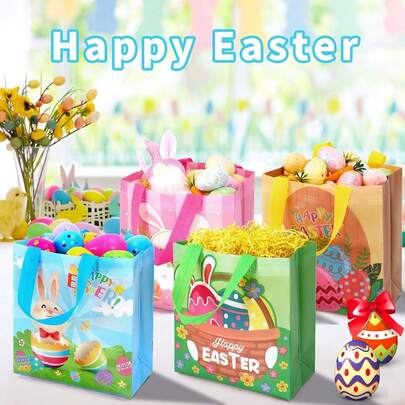4个/10个/24个装复活节礼品包装袋，派对手提袋，印有可爱的小鸡、小鸭、鸡蛋图案，适用于商店、活动和派对的购物袋，厨房保鲜用品，家居收纳，家居装饰