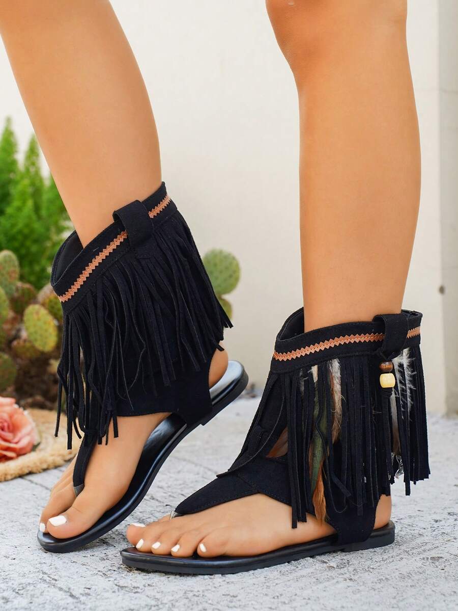 女士流苏平底凉鞋，2026新款麂皮人字拖罗马夏季凉鞋 - 黑色 - 查看 1