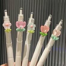 5/2/1pcs 0.5mm Black Ink Refill Cute Floral Quick-Drying Ballpoint Pens, Random Designs Of Sakura/Tulip, Sunflower, Rose Flower Push-Type Pens, Suitable For Students And Girls, Back To School Gifts For Kids, Friends - Multicolor - View 3