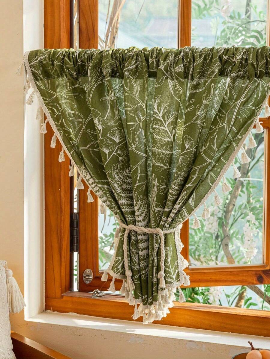 1pc Green Maple Leaf Rustic Spring Curtain, Fern Leaf Print Decor Curtain, Creates Natural Relaxing Ambiance, Fits Window Sill & Dining Area, Softens Light, Versatile For Multiple Scenes - Green - View 1