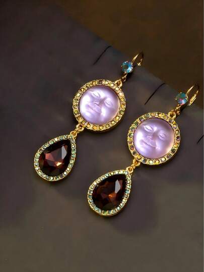 Mid-Century Vintage Rhinestone-Encrusted Cute Portrait Geometric Round Purple Necklace Earrings Suitable For Women's Daily Banquets, Gifts For Mothers And Girlfriends, Prom Accessories