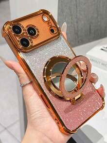 奢华电镀闪粉透明镜面支架手机壳，兼容 17/6/7/8/X/XS/XR/11/12/13/14/15/16/16e、Galaxy S22/23/24/25/S24 FE/S25 EDGE、A04/05/06/A07/A14/A15/A16/A17/A24/A25/A34、Redmi Note 9/10/11/12/13、Redmi 9/10/12/13C 14C、OPPO、MOTO、荣耀 X、HW、Realme C53 C55 C61 C63 C75，镜头保护防震保护套 - 橘色 - 查看 7