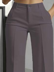 Women's High Waist Pockets Straight Leg Solid Color Button Zipper Pants, Office Wear Spring - Purple - View 2