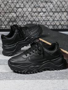 Simple Black Platform Women's Sneakers, Versatile With No Prints, Suitable For All Seasons, Retro High-Street American-Style Sneakers, Wedge Thick Sole For Height And Durability, Perfect For Daily Wear, Commuting, Travel, Vacation, And Holiday Gifts - All Black - View 5