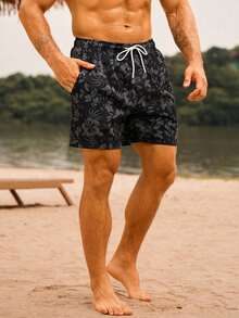 Manfinity Swimmode Floral Print Casual Beach Shorts Men, Black Swim Trunks, Black Hawaiian Floral Print Swim Shorts Men - Gris - 查看 5