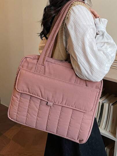 Bolso de tote de gran capacidad de 14 pulgadas con diseño acolchado y compartimento para laptop, material de nailon ligero, con bolsillos dobles en la solapa frontal, compartimento integrado para laptop y múltiples bolsillos interiores, cabe laptops de 14 pulgadas, libros y archivos, estilo minimalista y elegante, adecuado para mujeres trabajadoras, viajes de negocios y estudiantes