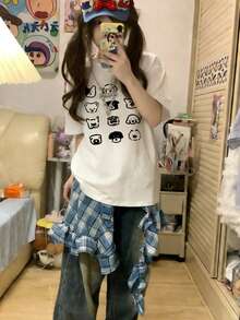女士休闲宽松卡通狗印花圆领短袖纯棉T恤，夏季 - 白色 - 查看 4