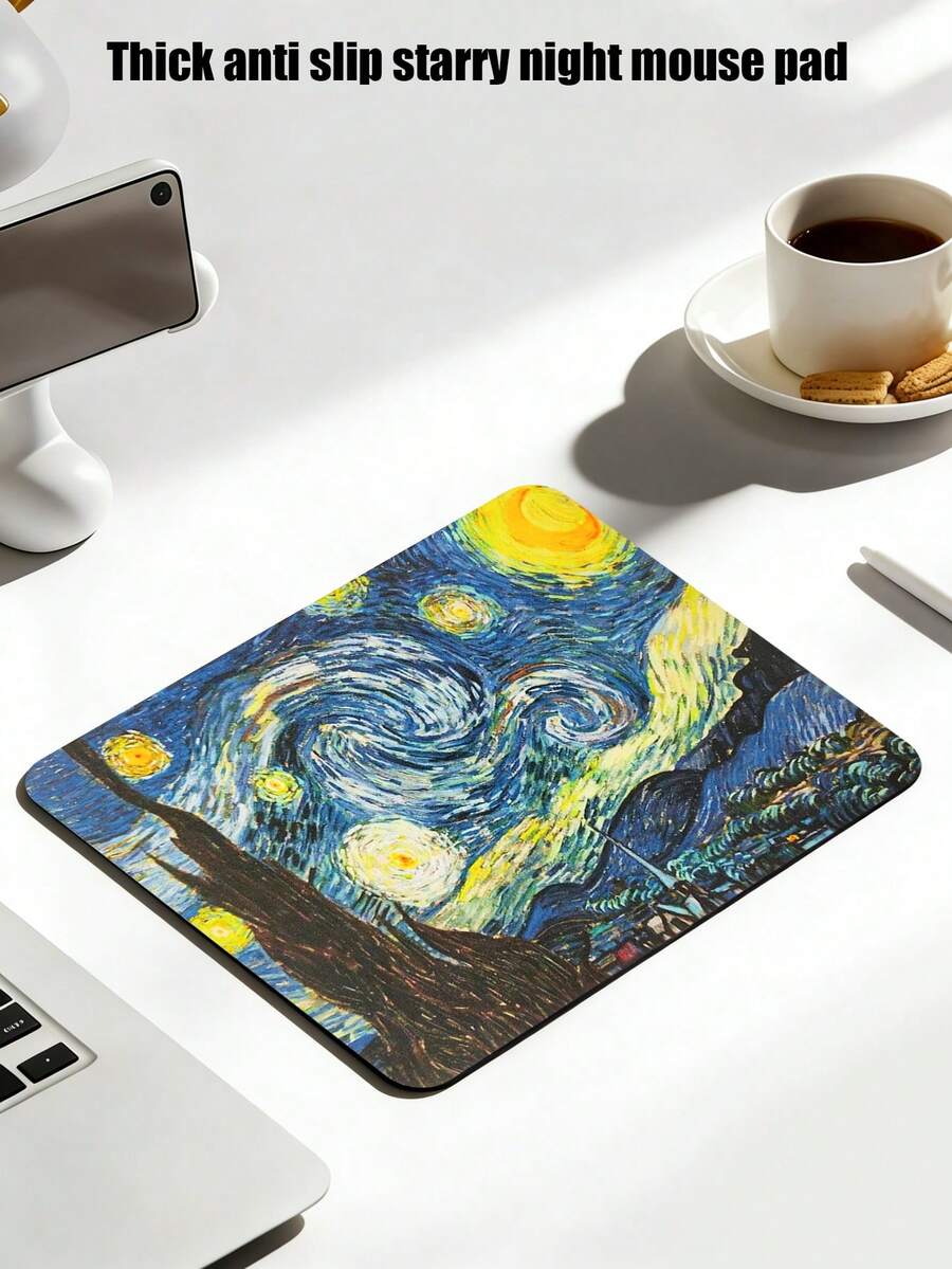 加厚方形梵高星空鼠标垫，橡胶防滑办公鼠标软垫，家用电脑键盘垫，表面光滑，可精准操控鼠标，触感舒适，适合长时间工作/游戏，便携式电脑办公桌垫 - 彩色 - 查看 1