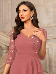 MIUSOL Classic V-Neck Sequin Floral Lace Contrast Ruffle Hem 3/4 Sleeve Bodycon Cocktail Dress - Dusty Pink - View 11