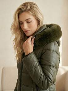 Áo khoác hoodie nữ công sở phối lông giả, kiểu dáng thường ngày, có khóa kéo và túi, thích hợp cho mùa đông. - xanh quân đội - Xem 4
