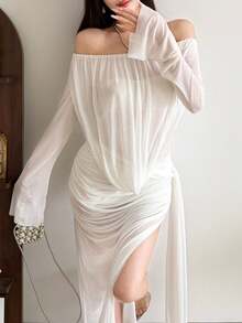 YeonC 纯感风格长袖无肩带连衣裙，透明纯色下摆和开衩缎带下摆针织面料宴会礼服 - 白色 - 查看 3