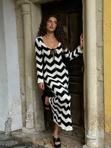 Women's Romantic French Retro Sexy Elegant Casual Vacation Comfortable Travel Contrast Color V-Neck Knitted Bow Tie Front Maxi Dress, Suitable For Daily, Evening Date, Beach, Country Music Festival, Brunch, Spring/Summer - Black and White - View 11