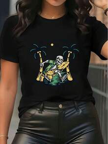 Damen Kurzarm Rundhals T-Shirt mit Grafik-Muster "Hello Summer", lässiges Shirt mit Kokosnussbaum- und Skelett-Surfer-Muster, Sommerurlaubs-Oberteil - Schwarz - Übersicht 6