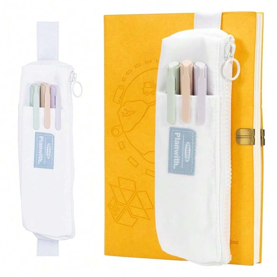 Pen Holder For Notebook, Pen Pouch For Notebook, Small Pen Holder With Adjustable Elastic Band, Slim Pencil Bag Journal Pen Holder Notebook Pen Holder, Zipper Pencil Pouch Makeup Bag - Trắng - Xem 1