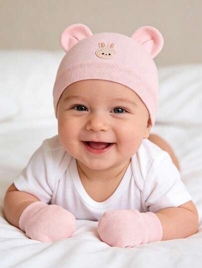 2pcs Baby Knit Hat & Mitten Set Soft Warm Fabric With Bear Ears & Cute Rabbit Decor For Daily Warm Wear Home Outdoor