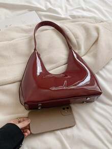 Korean Style Niche Red Lacquer Leather Crescent Shoulder Bag, Ladies Handbag, Stylish Underarm Bag, Good Quality - Màu Đỏ Sâu - Xem 3