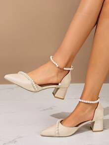 女士米色高跟鞋，时尚珍珠搭扣粗跟鞋，尖头设计，春夏新品；白色绑带凉鞋，米色珍珠装饰高跟凉鞋，优雅性感，适合搭配连衣裙、旗袍。 - 米色 - 查看 7
