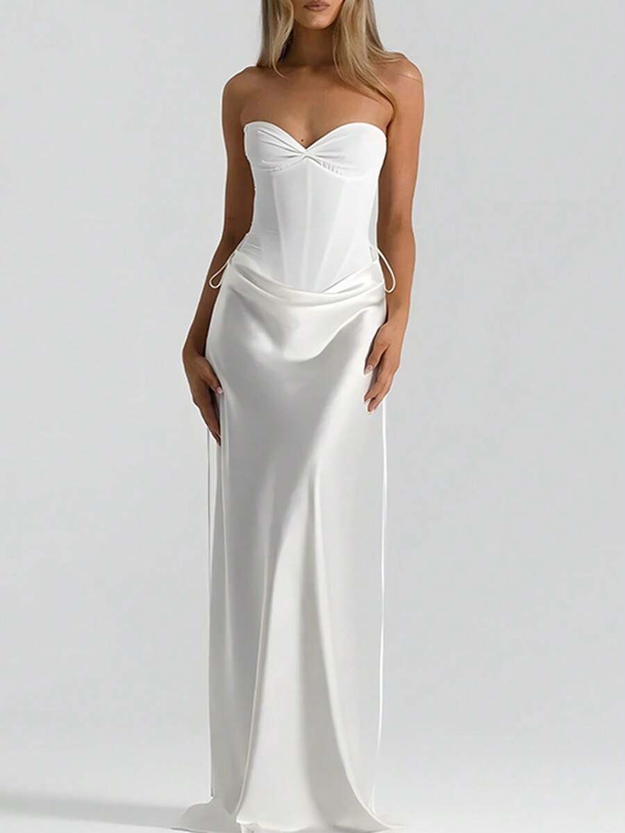 Women Sexy Off Shoulder Maxi Dress Bodycon Summer Stain Draped Long Dress Brown Elegant Birthday Evening Cocktail Party Dress - White - View 1