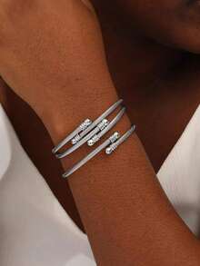 3入組歐式復古風不銹鋼扭曲開口手鐲,適用於女性,假日禮物 - 銀色 - 查看 5