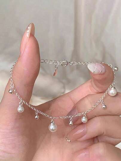 BALMORA 1pc S925 Sterling Silver Starry Sky Faux Pearl Bracelet, Romantic French Style Wristband, Birthday Gift For Girls