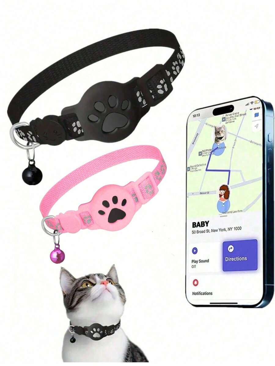 1个可调节反光猫项圈，宠物猫定位项圈，兼容苹果“查找我的追踪器”功能，7-9英寸动物纹反光项圈，可拆卸猫项圈，仅适用于iOS系统，无需App，一键直接使用。