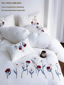 花卉植物刺绣被套套装，白色三件套，包含1个被套和2个枕套，超柔软透气时尚被套