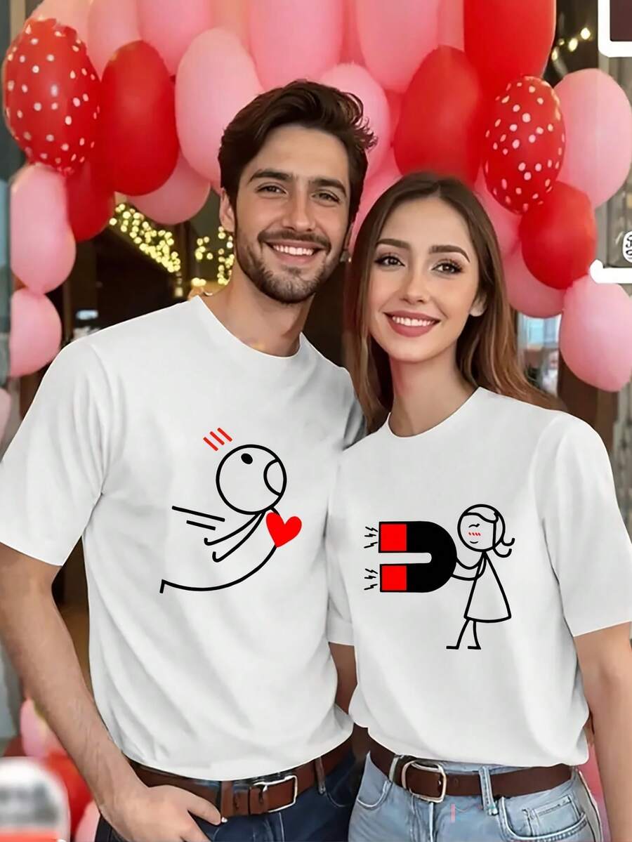 1pc Men's Couple Matching T-Shirts - Matching Love Heart Print Short Sleeve Shirts, Soft Summer Casual Round Neck Tees For, Date Nights, & Casual Attire (Matching Outfits) - Machine Washable Casual Wear - 1件-男士-白色 - 查看 1