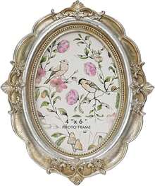 Desklens Vintage Picture Frame, 4x6 Oval Antique Photo Frame With Real Glass Front, Luxury Table Wall Haning Photo Display Home Decor, Gift Ideas, Silver Flower - ColorB - 查看 1