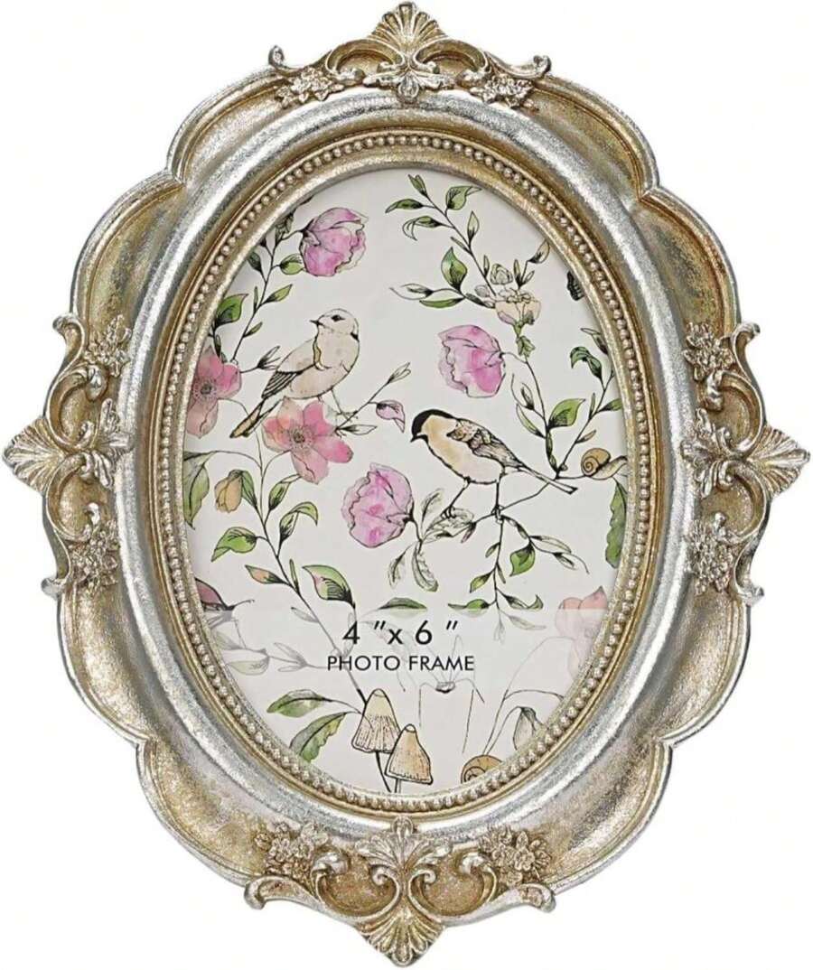 Desklens Vintage Picture Frame, 4x6 Oval Antique Photo Frame With Real Glass Front, Luxury Table Wall Haning Photo Display Home Decor, Gift Ideas, Silver Flower - ColorB - 查看 1