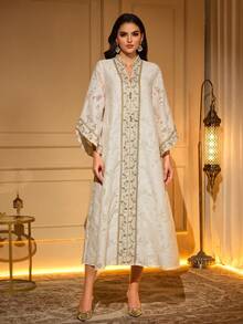 Elegant Notched Neck Long Sleeve Maxi Dress, Made Of Long Woven Fabric With Applique And Ruffle Details - Apricot - View 3