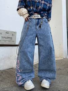 1件男士时尚街头风刺绣阔腿牛仔裤，宽松舒适，四季皆宜（不含腰带或配饰） - 藍色 - 查看 2