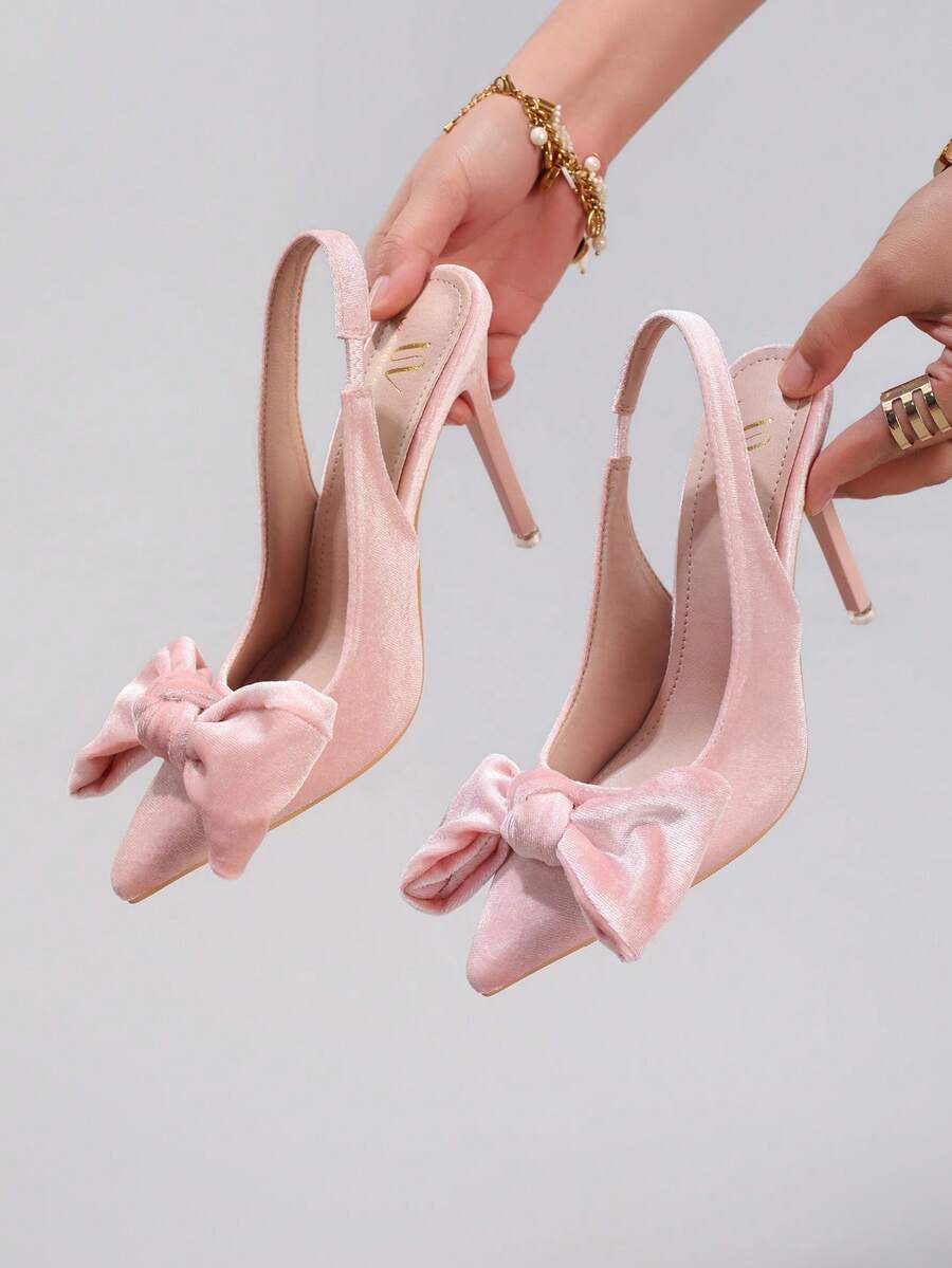 女士蝴蝶结高跟鞋，性感尖头晚宴派对鞋，丝绒时尚粉色细高跟鞋 - 粉色 - 查看 1