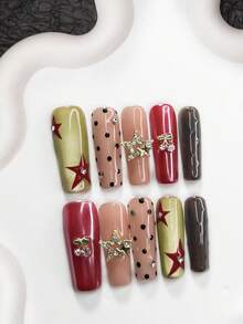 10件套复古坏女孩美甲套装，亚克力按压式美甲贴片，粉嫩粉色，闪亮双星美甲贴纸，黑色波点，手绘不对称红色星星美甲装饰，大胆个性风格，红色、巧克力色、浅绿色指甲油，包含美甲工具，手工按压式美甲贴片 - 彩色 - 查看 12