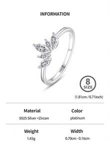 1 pezzo Anello da dito in argento sterling 925 con corona alla moda, elegante anello con zirconia chiaro per donne e ragazze, accessorio da festa, gioiello - Argento - Visualizzare 11
