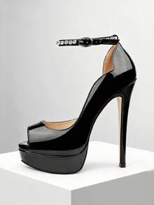 MERUMOTE New Women's Platform Stiletto Pumps Peep Toe 6"/15CM High Heels Ankle Strap Heeled Sandals Shoes For Party Wedding Prom - Black Pearl - 查看 5