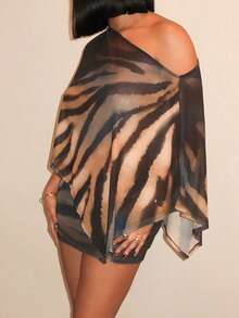 优雅性感女士透视不对称领口虎纹两件套套装，中等弹力，休闲派对度假春季装扮 - 卡其色 - 查看 7