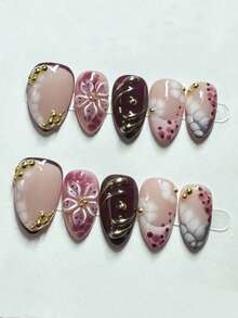 10pcs Purple Tie Dye Print Almond Shaped Metal Texture French Manicure Press-On Nails, Fashionable DIY Nail Art - Multicolor - View 2