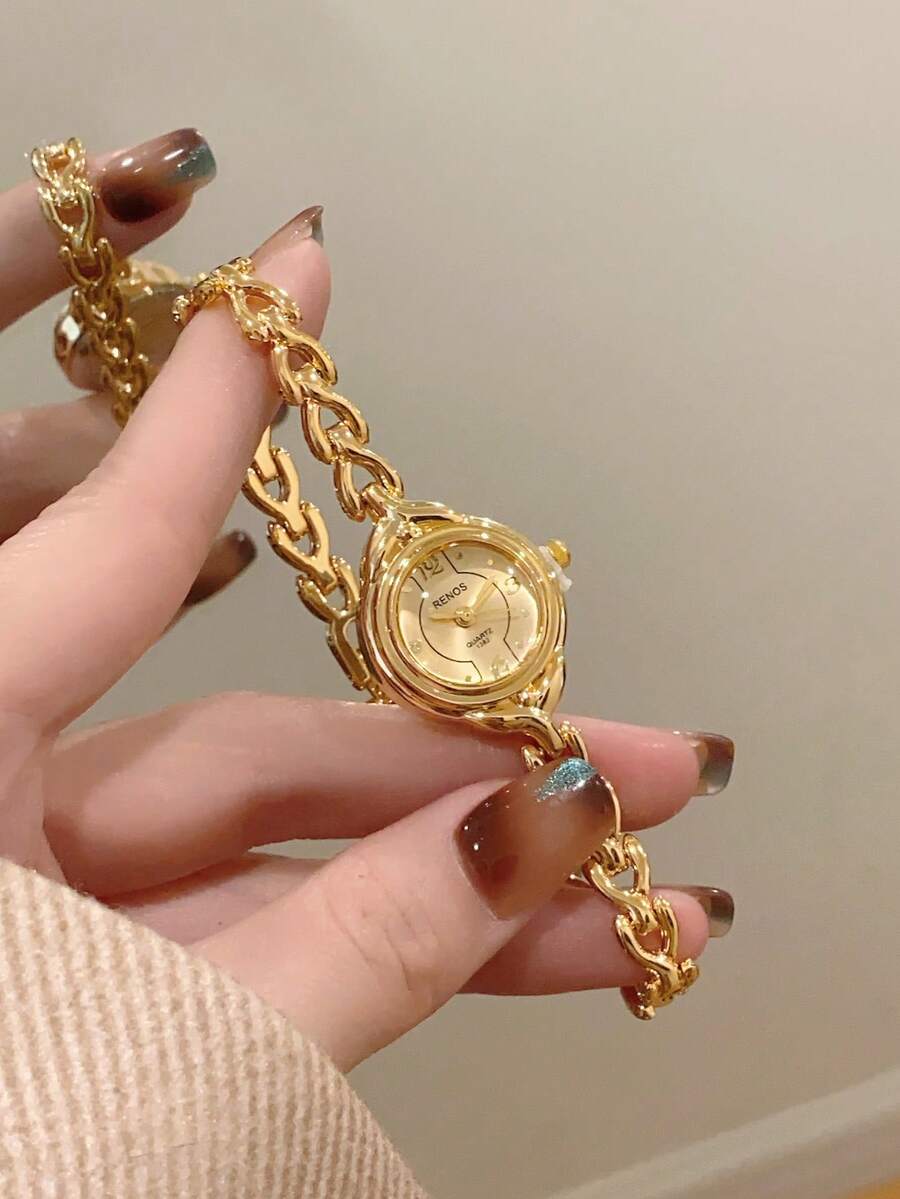 1 件椭圆形竹节表带女士手表，可调节金色表带，优雅百搭的石英腕表，适合日常佩戴，是理想的日常配饰礼品。 - 金色 - 查看 1