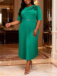 Plus Size Spring Green Easter Round Neck Short Sleeve 3D Floral Ruched A-Line Dress, Elegant And Graceful, Suitable For Birthday, Wedding Guest, Graduation Ceremony, Gala, Homecoming And Other Occasions