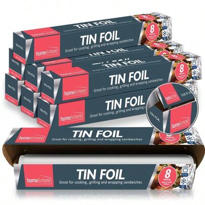 8 Pack Aluminium Foil Roll | 64m Kitchen Foil With Cutter | 29cm X 8m Non-Stick Silver Tinfoil Rolls For Cooking, Baking, Wrapping, Grilling & BBQ | Heavy Duty Foil Dispenser For Food Storage & Preparation