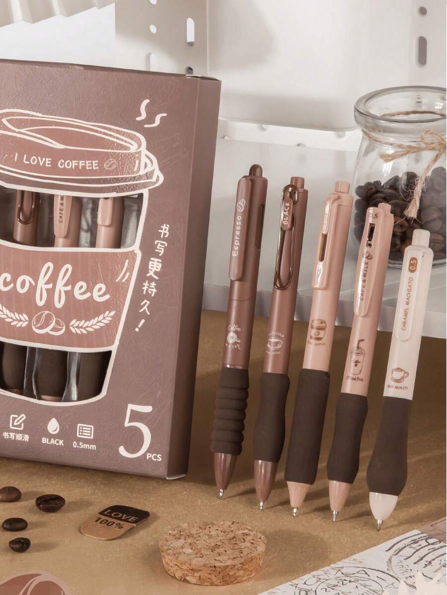 1pc/5pcs Coffee Press Ballpoint Pen, (5pcs/Box) Random Style And Color, High-Quality Creative Student Stationery Pen, Detachable, Office Signing Supplies, Gift For Family, Friends, Colleagues (The Image Is For Reference Only, The Actual Product Prevails) - Multicolor - View 1