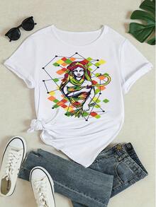 Damska koszulka z krótkim rękawem i okrągłym dekoltem, luźna, letnia, z kolorowym, abstrakcyjnym, geometrycznym nadrukiem, luźna, uliczna koszulka - Biały - Zobacz 4