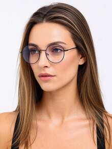 1pc Women's Casual Retro Round Black Flat Lens Glasses, Suitable For Daily Wear And Street Style - Black - View 2
