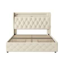 Upholstered Bed 140x190 Cm With LED Lighting And USB Socket, Headboard With Shelves And Storage Space, Flat Double Bed With 4 Drawers, Velvet. - White - View 8
