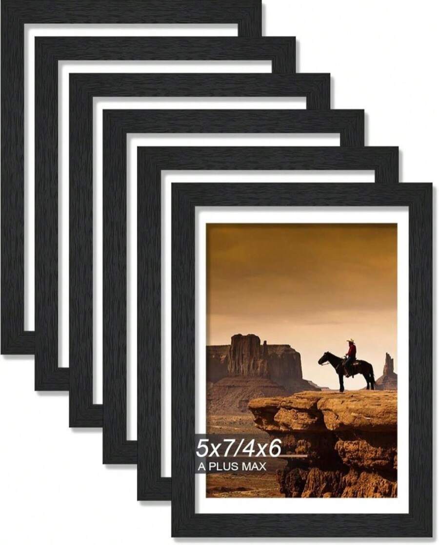 A PLUS MAX 5x7 Picture Frame Set Of 6, Engineered Wood Frame Display Photo 4x6 With Mat Or 5 X 7 Without Mat, 5by7 Frame With Black Wood Grain For Wall - 6 Pack\/Black\/5"X7" - ColorG - 查看 1