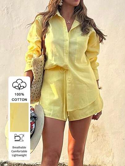 Conjunto de 2 piezas de PoPoHouse para mujer - Camisa de manga larga con bolsillo y pantalón corto suelto de algodón de unicolor elegante, adecuado para el uso diario, ocio, viajes, primavera/verano, traje amarillo para mujer