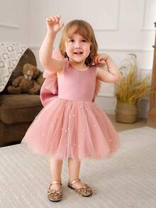 Baby Girls' Pink Cap Sleeve Bow Beaded Mesh Elegant Party Dress, Princess Dress Suitable For Girls, 1st Birthday, Party, Banquet, Wedding Flower Girl, Holiday Celebration - Pink - View 3