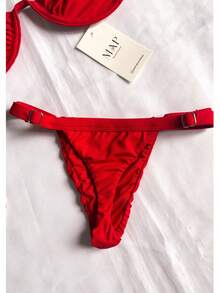 Underwire Bikini With Half-Cup Bra And Thong Bottom With Adjustable Straps. - Red Rim - View 2