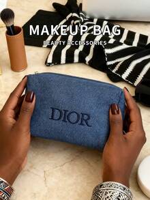 Dior Bolsa de cosméticos negra, estuche para lápices, bolsa de almacenamiento, bolso de mano, terciopelo con lentejuelas de lienzo - Azul - Ver 4