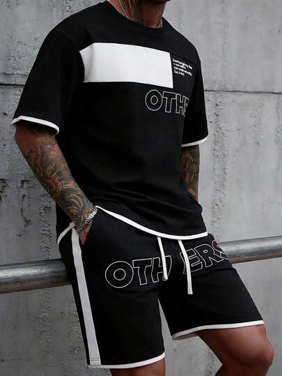 夏季新款男士T恤套装，圆领两件套短裤，休闲运动宽松时尚美式青年风套装